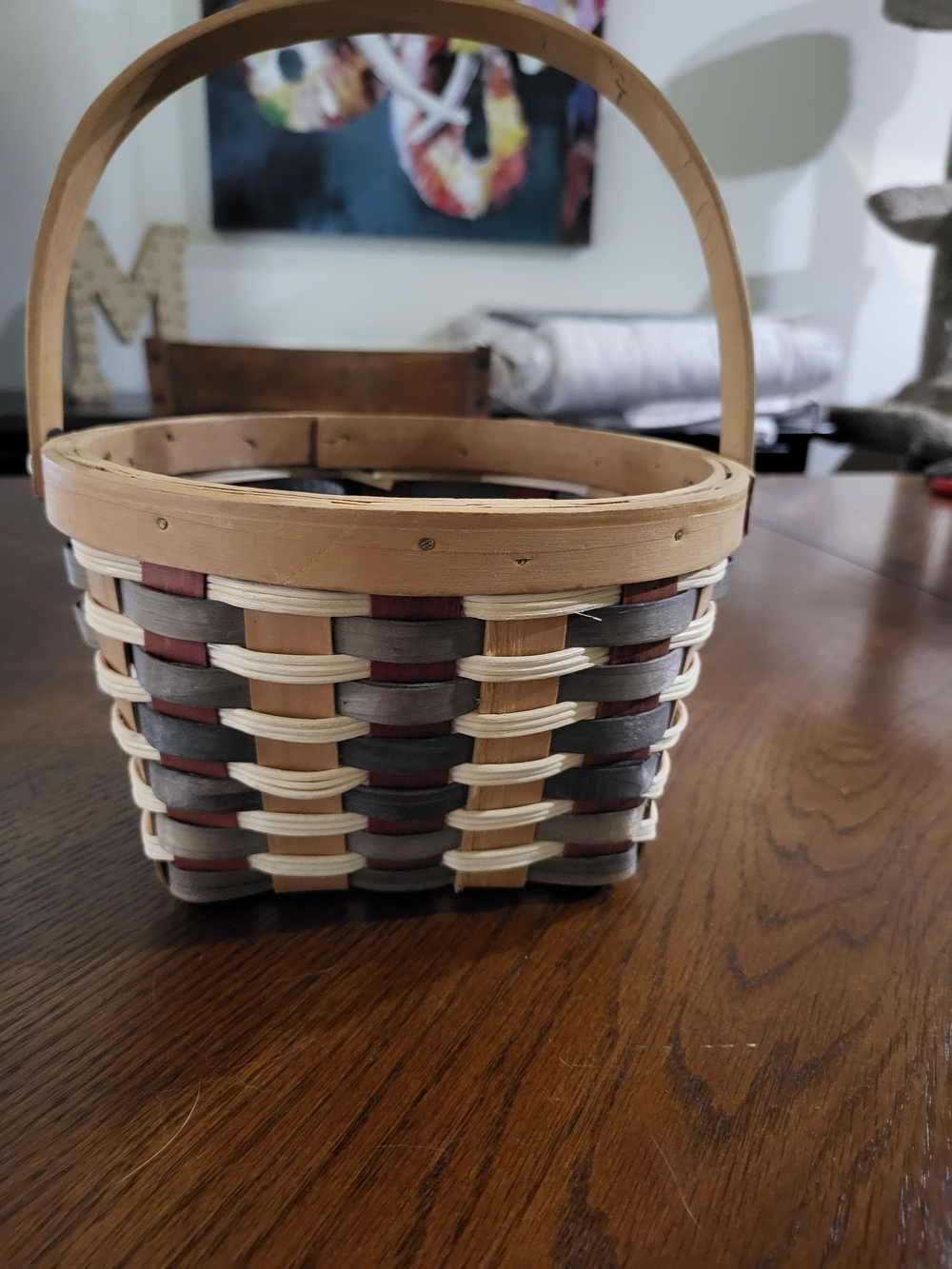 Primitive Woven Wood Swing Handle Basket